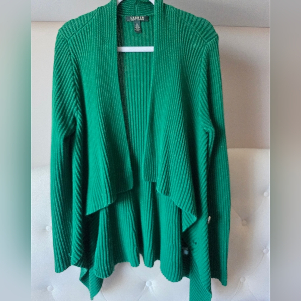 Sz M - Ralph Lauren Green Waterfall Ribbed Knit Open Cardigan - flaw
